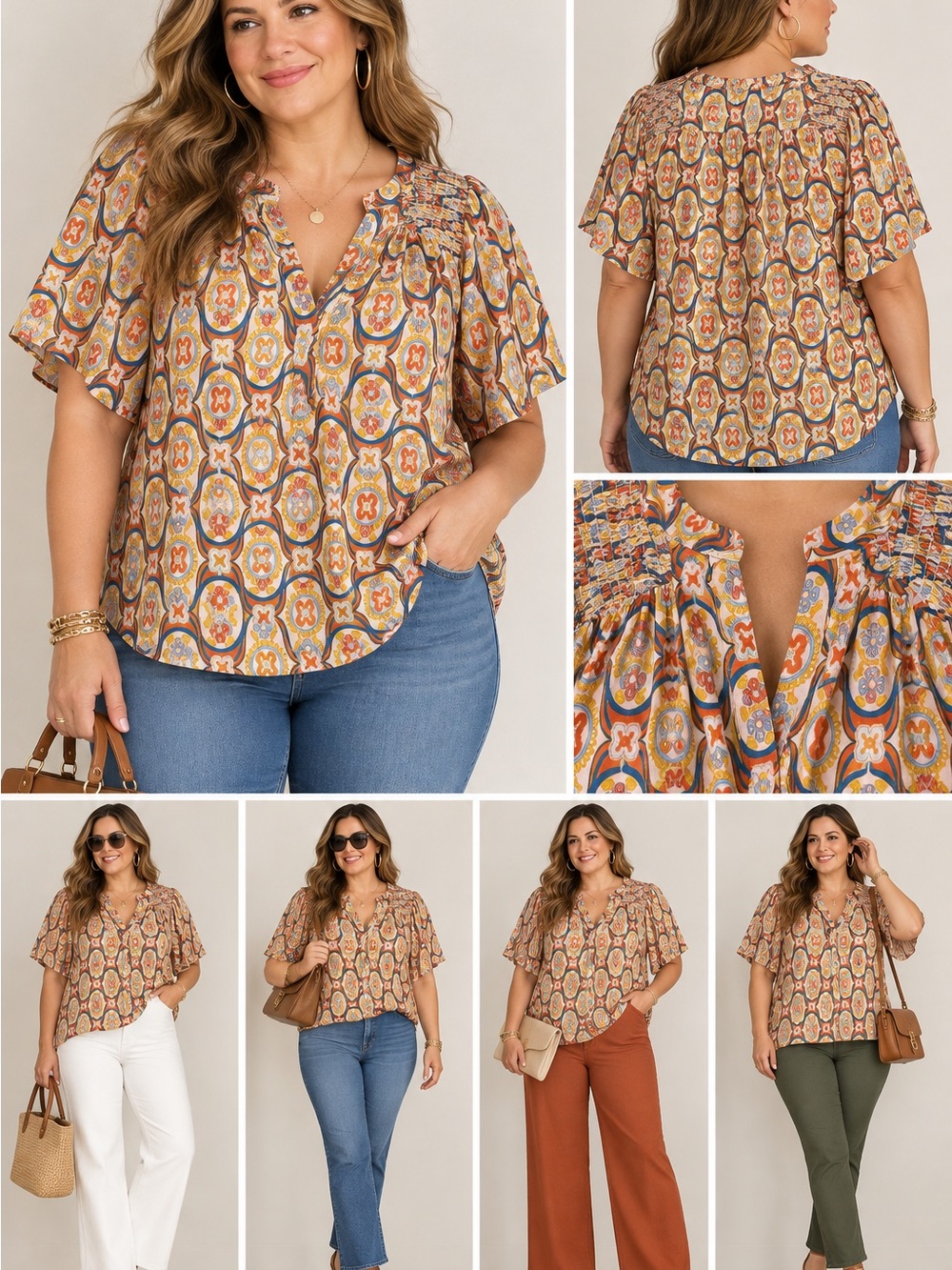 Rose & Olive Tile Print Flutter Sleeve Blouse - Tan Multi